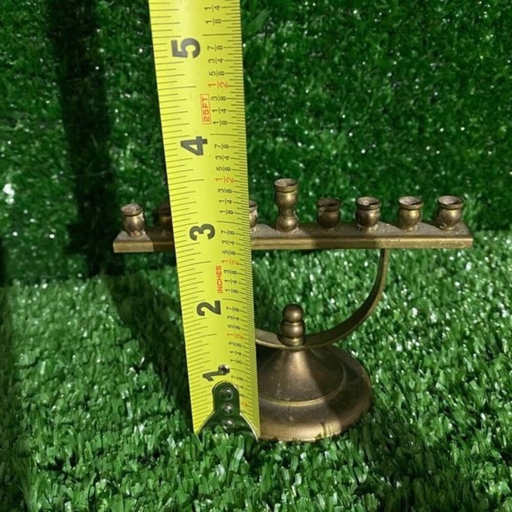Mini Brass 9 Candle Menorah, about 4.5 long x 3.5 tall, R.C. on the bottom